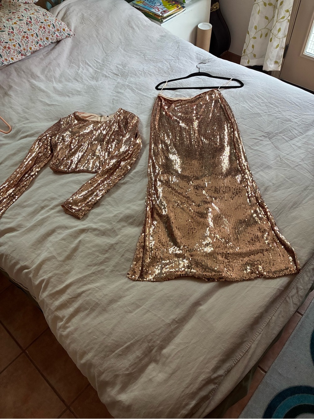 Forever 21 Rose Gold Sequin Crop Top & Skirt Set